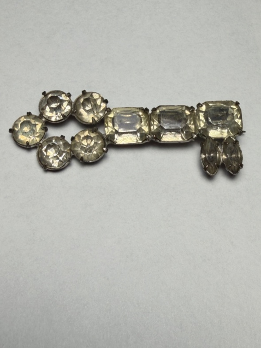 Mid-Century Rhinestone Skeleton Key Brooch Pin Silver Tone